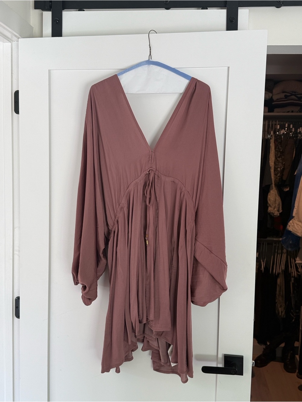 Free People Mauve Pink Flowing V-Neck Drawstring Mini Dress - Picture 2 of 2
